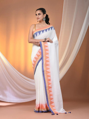 Joyguru Textile Striped Handloom Pure Cotton Saree(White)