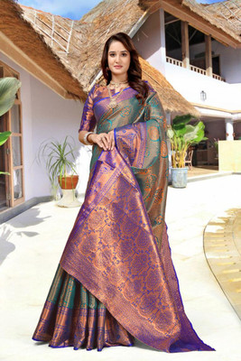 LAVYANSH CREATION Woven, Self Design Banarasi Silk Blend, Jacquard Saree(Light Blue)