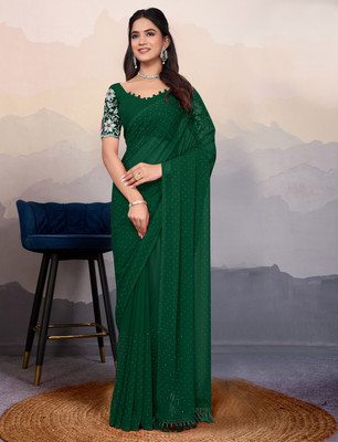 Vrati Creation Solid/Plain Bollywood Georgette Saree(Green)