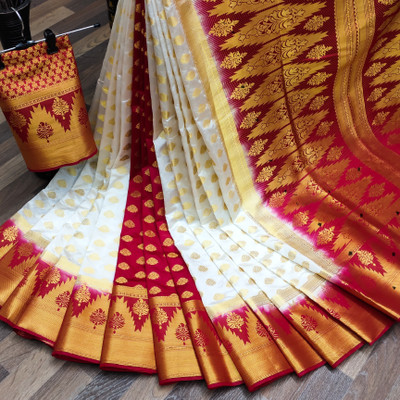 Radhe designer Dyed Banarasi Nylon Saree(White, Red)