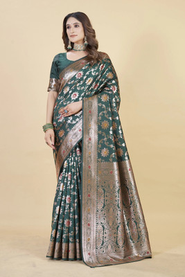 ETHNICHITZ Woven, Embellished, Self Design Kanjivaram Cotton Silk, Jacquard Saree(Dark Green, Gold)
