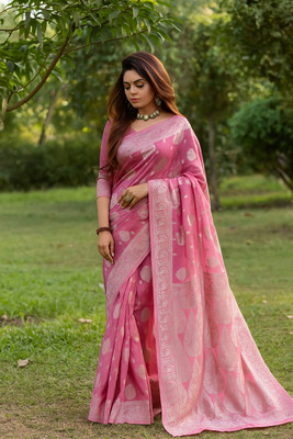 Saadhvi Woven Banarasi Cotton Blend Saree(Pink)