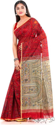 Shrutisareeghar Printed Handloom Cotton Silk Saree(Red)