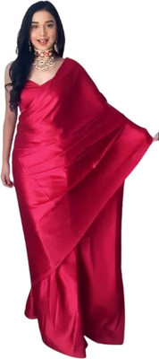 JATADHAR FAB Solid/Plain Ready to Wear Silk Blend Saree(Red)