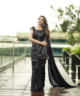 MADHUR HAND WORK ART Embroidered Bollywood Georgette Saree(Black)