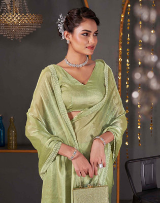Satrani Embroidered, Embellished Bollywood Jimmy choo, Chiffon Saree(Green)