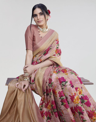 ANIRAV Printed Mysore Art Silk Saree(Pink)