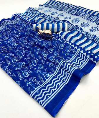 KGM BRAND Tie-Dye, Printed, Dyed, Geometric Print, Striped Bollywood Linen Saree(Blue)