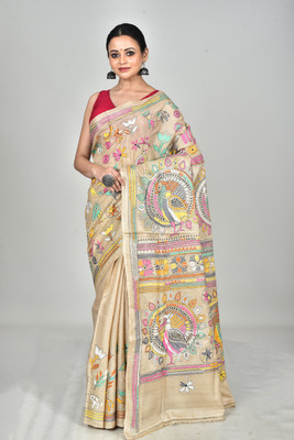 Ramshyam Collection Printed Kantha Pure Silk Saree(Beige)