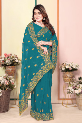 CHAMUNDA CREATION Embroidered Bollywood Georgette Saree(Light Green)