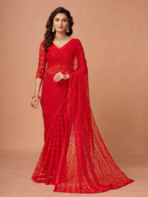 pridewear Self Design Bollywood Net Saree(Red)