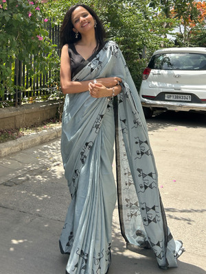 Tasrika Printed Daily Wear Cotton Blend Saree(Grey)