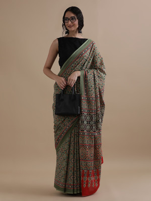 blockpuls Printed Handloom Pure Cotton Saree(Multicolor)