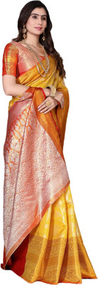 LAVYANSH CREATION Woven, Self Design Kanjivaram Silk Blend, Jacquard Saree(Yellow)