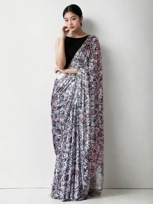 LeeliPeeri Designer Printed Bollywood Silk Blend Saree(White, Black)