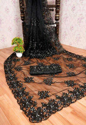 PRIVYSTORE Embroidered Bollywood Net Saree(Black)