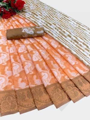 TRINITI FAB Floral Print Kanjivaram Jacquard Saree(Orange)