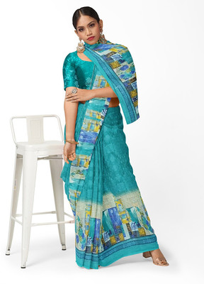Sadhavi Printed Bandhani Georgette Saree(Light Blue)