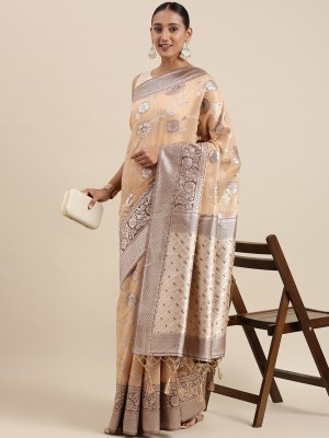 RekhaManiyar Woven Bollywood Cotton Linen Saree(Orange, Grey)