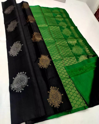 RASVRITI Printed Kanjivaram Pure Silk, Art Silk Saree(Black, Green)