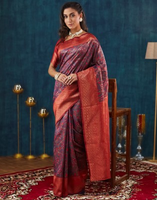 Samah Woven, Embellished Banarasi Silk Blend Saree(Red, Blue)