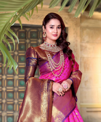 LAVYANSH CREATION Woven, Self Design Banarasi Silk Blend, Jacquard Saree(Pink)