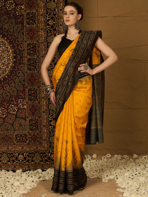 Sareemall Printed Ikkat Silk Blend Saree(Yellow)
