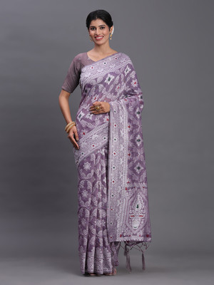 Tasrika Woven Patola Cotton Linen Saree(Purple)
