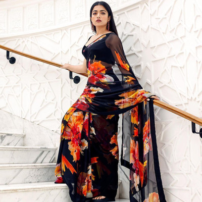 RAJESHWAR FASHION Floral Print, Digital Print, Printed Bollywood Georgette Saree(Black, Multicolor)