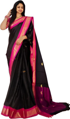 AAYATFABRICS Woven Banarasi Cotton Silk Saree(Black, Pink)