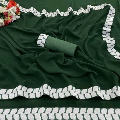 OKTAT Solid/Plain Bollywood Georgette Saree(Green, White)