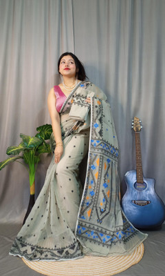 Pasum's Embroidered, Self Design Jamdani Pure Cotton Saree(Grey)