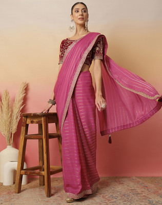 Tasrika Striped, Embellished, Embroidered Bollywood Georgette Saree(Pink)