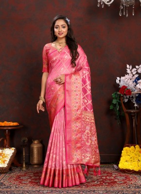 OFLINE SELECTION Woven Paithani Organza Saree(Pink)