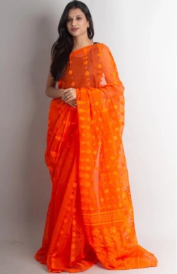 Krishneshwari Self Design, Woven Jamdani Cotton Silk Saree(Orange)