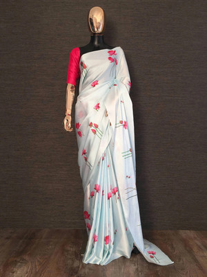 AVANSHEE Floral Print, Digital Print Bollywood Satin Saree(Blue, Pink)