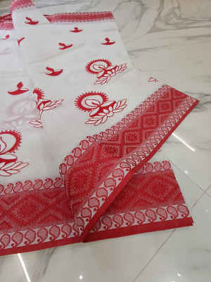 Happy Creation Printed Tant Handloom Cotton Blend Saree(Multicolor)
