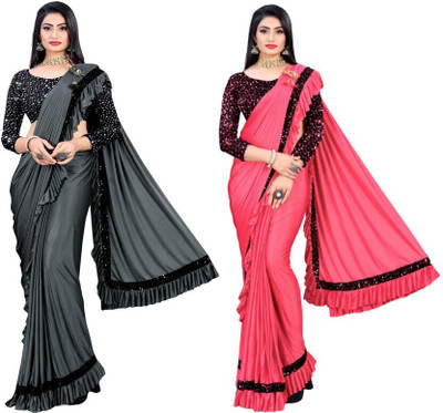 HouseOfCommon Embellished Bollywood Lycra Blend Saree(Pack of 2, Multicolor)