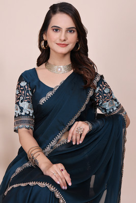 K 5 FASHION Embroidered Bollywood Georgette Saree(Dark Blue)