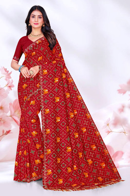 sarees Printed Bollywood Georgette, Silk Blend Saree(Red)