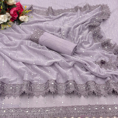 KRUBUX Applique Bollywood Lycra Blend Saree(Purple)