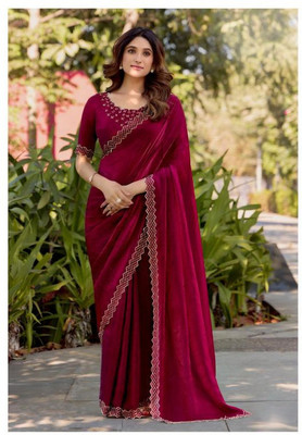 HARIOM CREATION Solid/Plain, Self Design, Geometric Print, Paisley Saree with Attached Blouse Satin Saree(Maroon)
