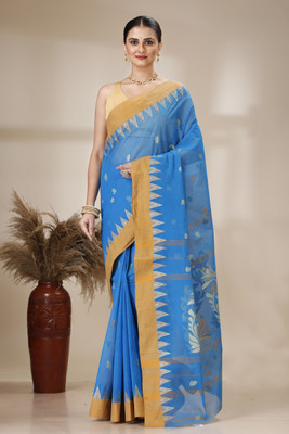 DENLINFABRICS Floral Print Tant Cotton Blend Saree(Light Blue)