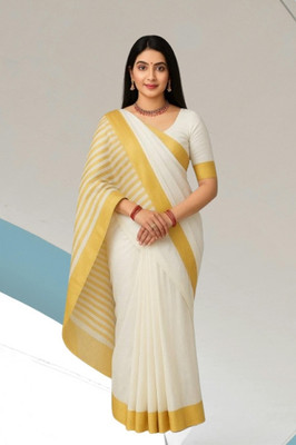 SHRISAREEESa Striped Bollywood Pure Cotton Saree(White)
