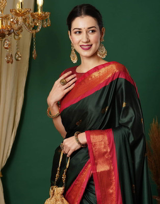 yourwish Woven, Checkered Banarasi Cotton Silk Saree(Dark Green)