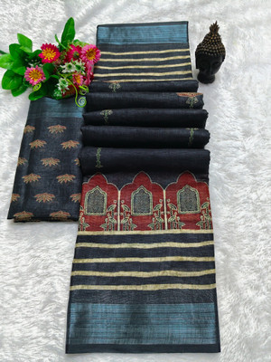 HangerStories Printed Kanjivaram Pure Cotton, Cotton Silk Saree(Black)