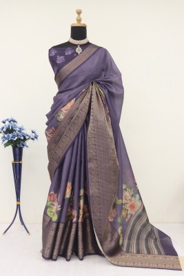 Rujula Trendz Floral Print, Digital Print Kota Doria Cotton Silk Saree(Purple)