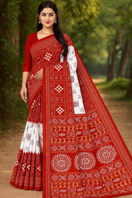 HouseOfCommon Printed Sambalpuri Pure Cotton Saree(White)