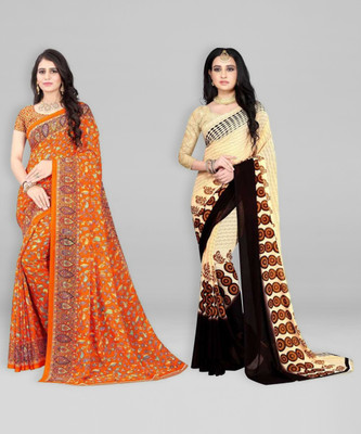 Leelavati Printed Daily Wear Georgette Saree(Pack of 2, Orange, Beige)
