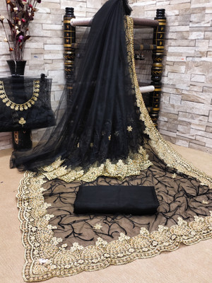 Zenomics Embroidered, Embellished Bollywood Net Saree(Black)